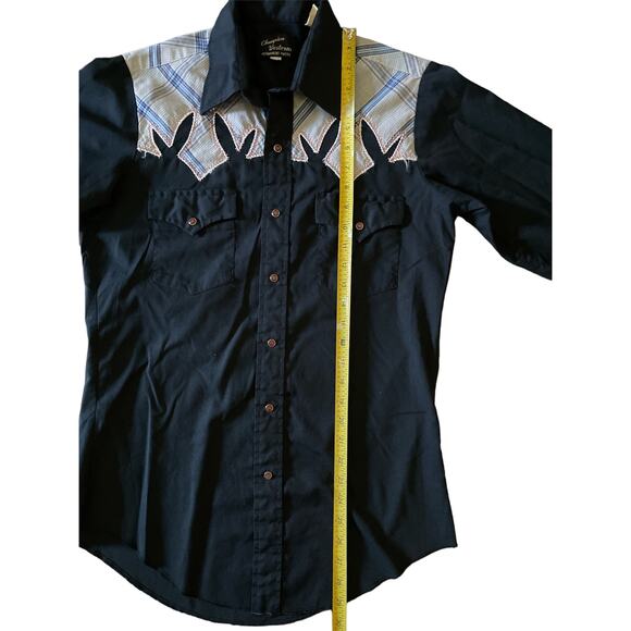 VTG Champion Westerns Navy Blue Tartan Plaid Shoulders M Pearl Snap Button Up - Picture 5 of 7